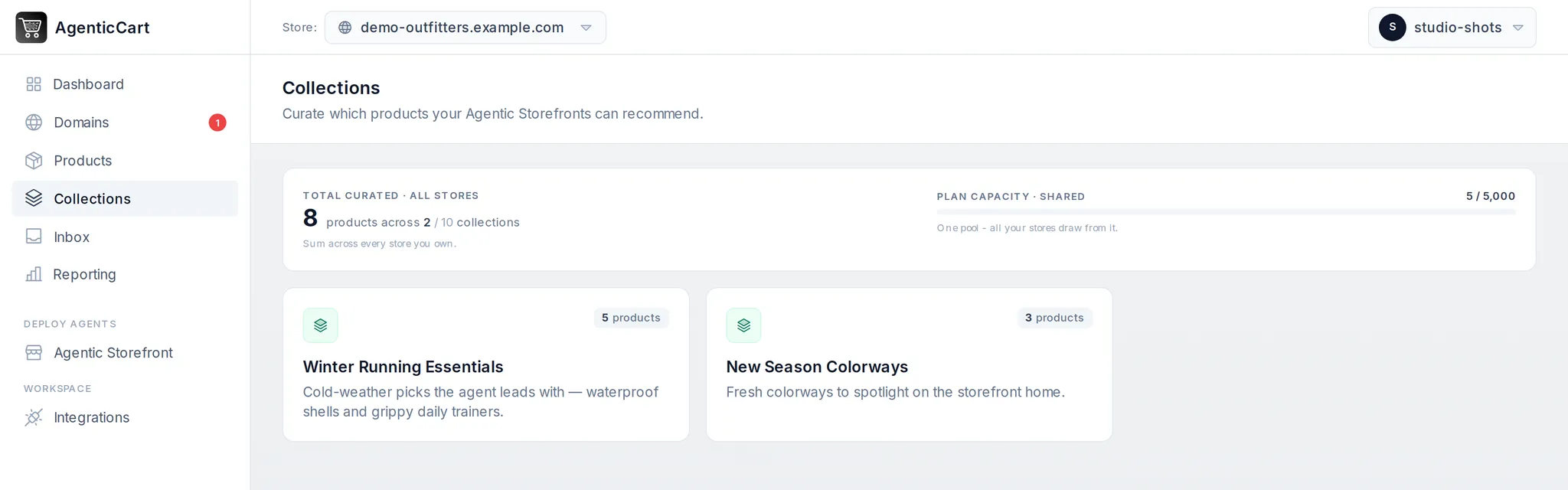 The collections overview - every collection as a card with product counts, plus the shared plan-capacity pool across all stores