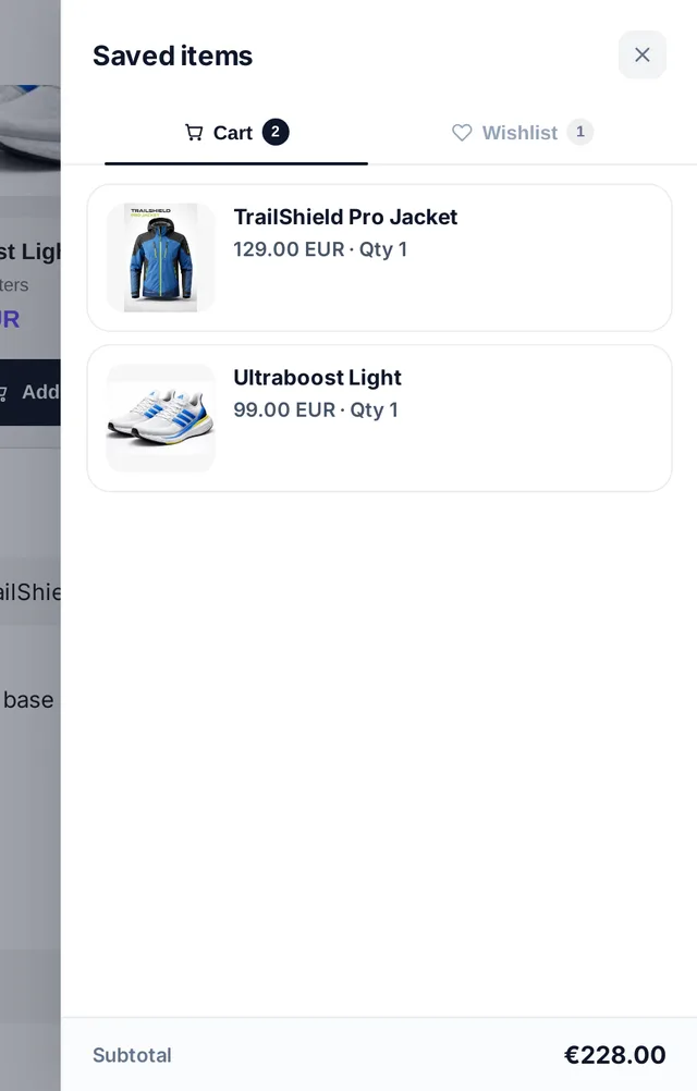 The storefront cart drawer - two products added from the conversation, with quantities and a running subtotal