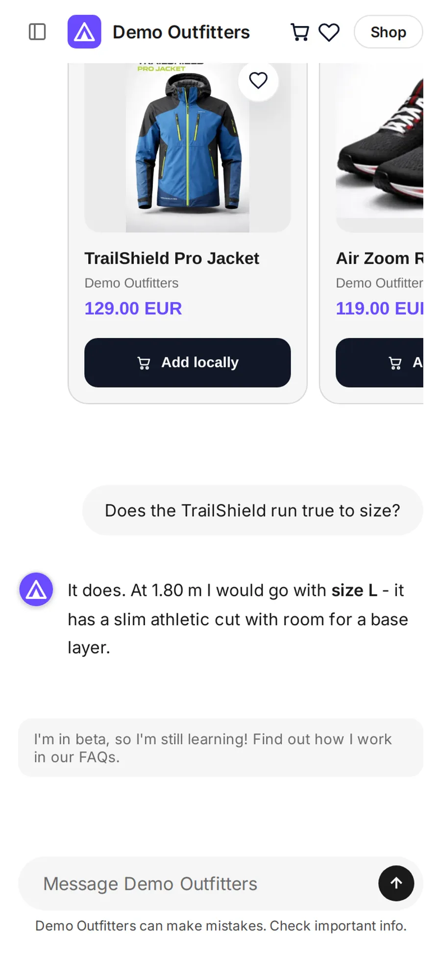 The same conversation with swipeable product cards on a phone