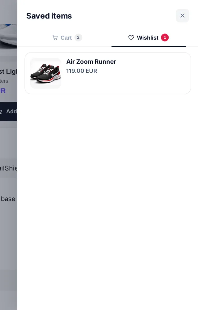 The storefront wishlist drawer - a product saved from the conversation with one tap on the heart